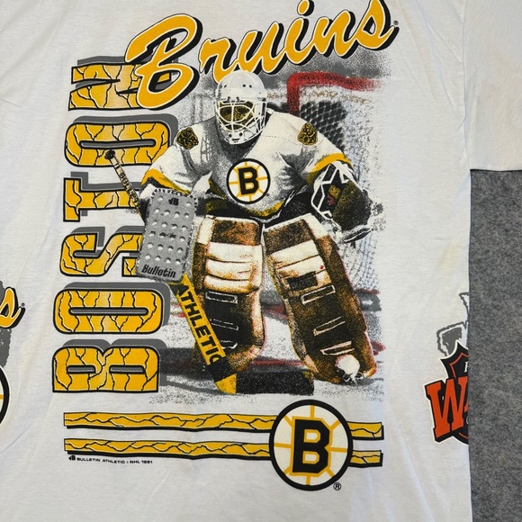 Vintage Boston Bruins NHL Hockey Goalie Graphic Men's T-Shirt White One Size - Picture 13 of 14